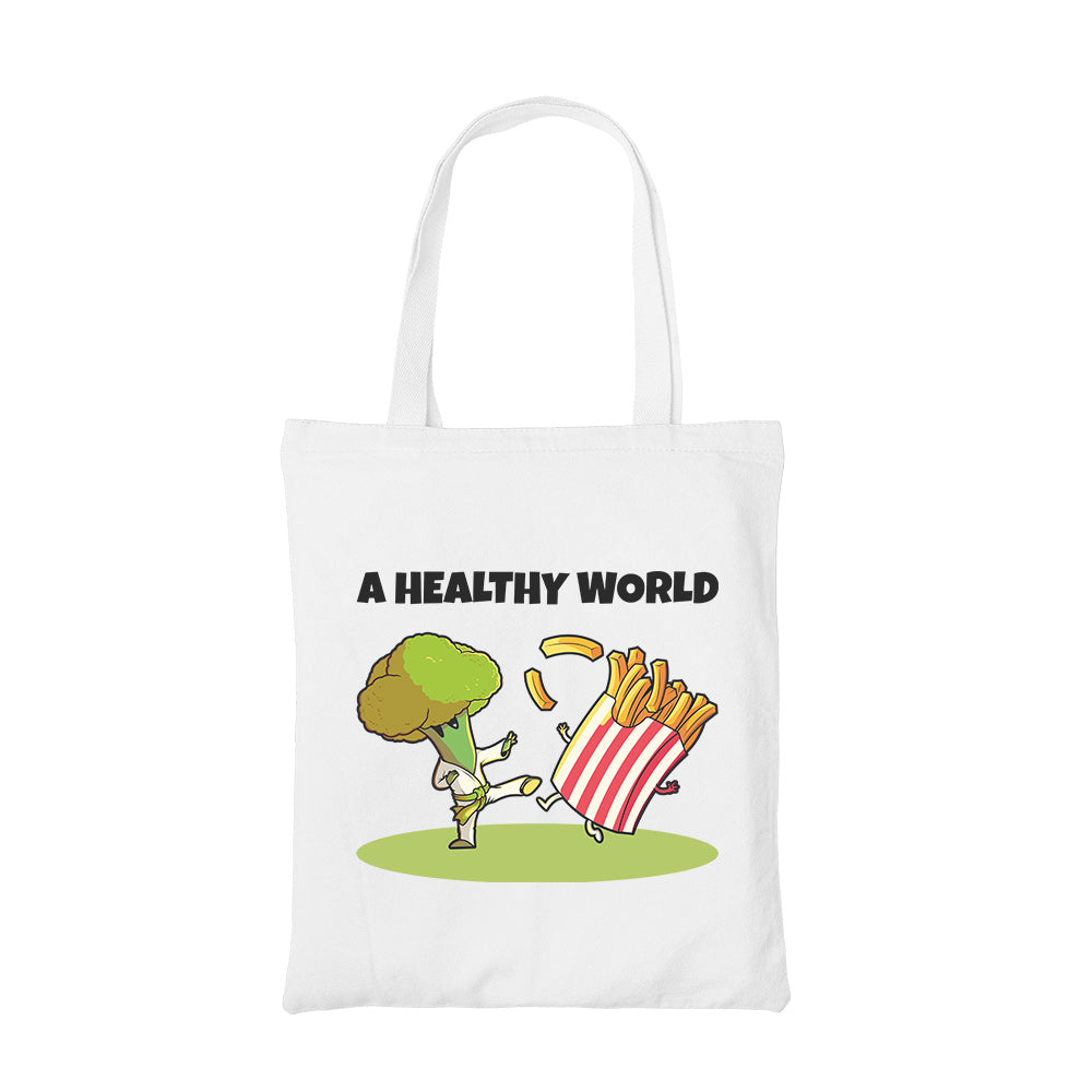 printed a healthy world tote bag cotton printed printed graphic stylish buy online united states usa the banyan tee tbt men women girls boys unisex