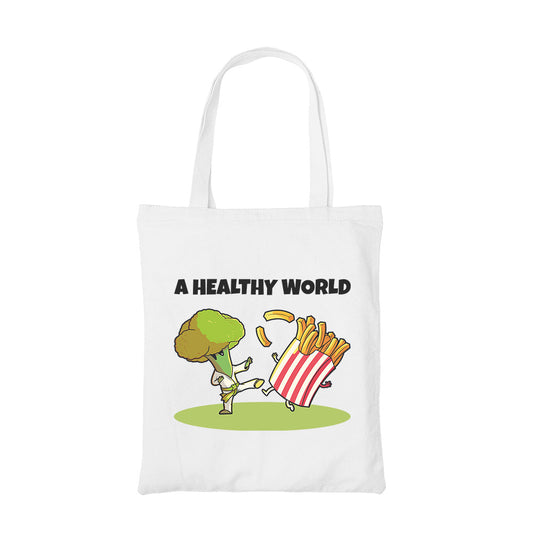 printed a healthy world tote bag cotton printed printed graphic stylish buy online united states usa the banyan tee tbt men women girls boys unisex