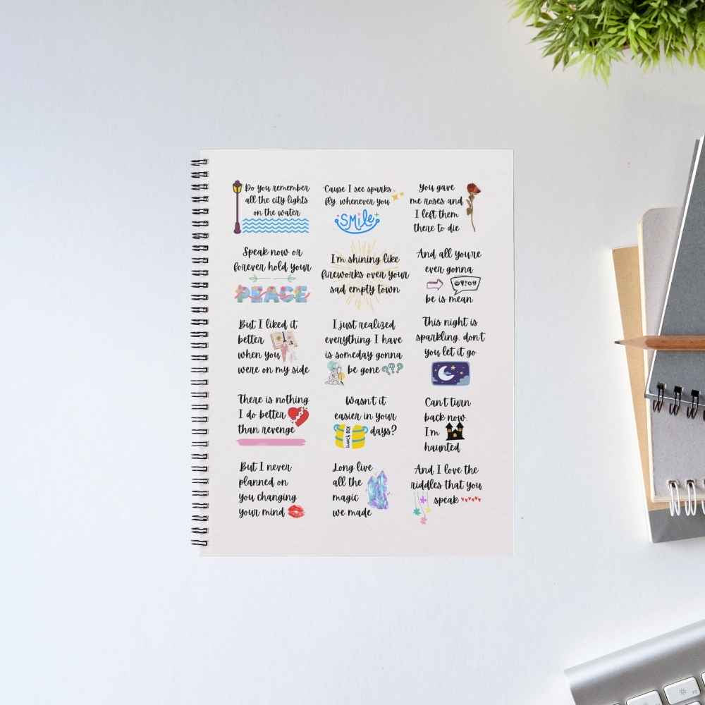 Taylor Swift Speak Now Symphony spiral notebook covered in a grid of 15 hand-lettered lyrics, each with a tiny illustration, on a cream cover – The Banyan Tee