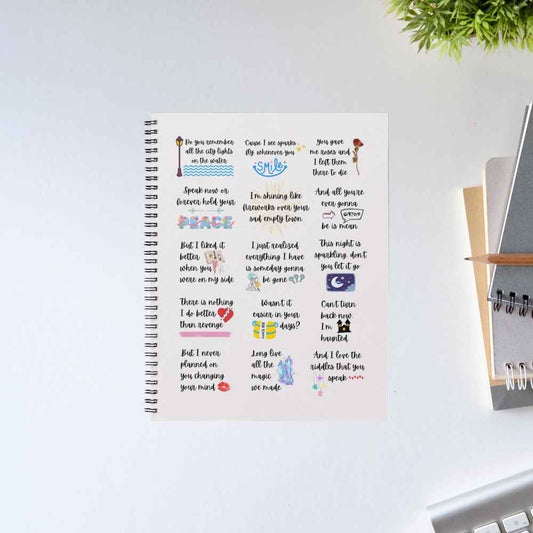 Taylor Swift Speak Now Symphony spiral notebook covered in a grid of 15 hand-lettered lyrics, each with a tiny illustration, on a cream cover – The Banyan Tee