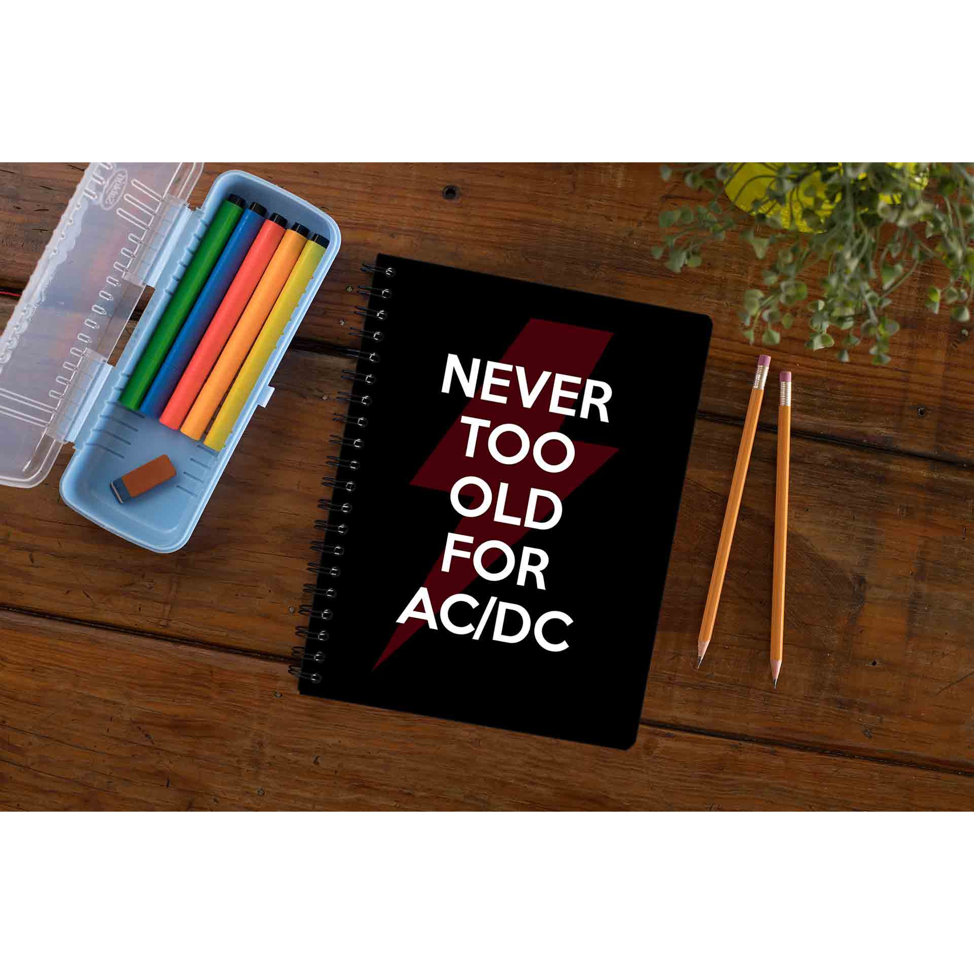 ac/dc never too old for ac/dc notebook notepad diary buy online united states of america usa the banyan tee tbt unruled