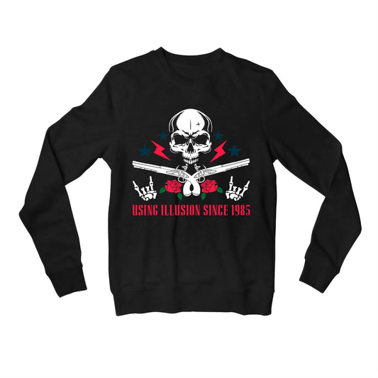 guns n' roses using illusion since 1985 sweatshirt upper winterwear music band buy online united states of america usa the banyan tee tbt men women girls boys unisex black