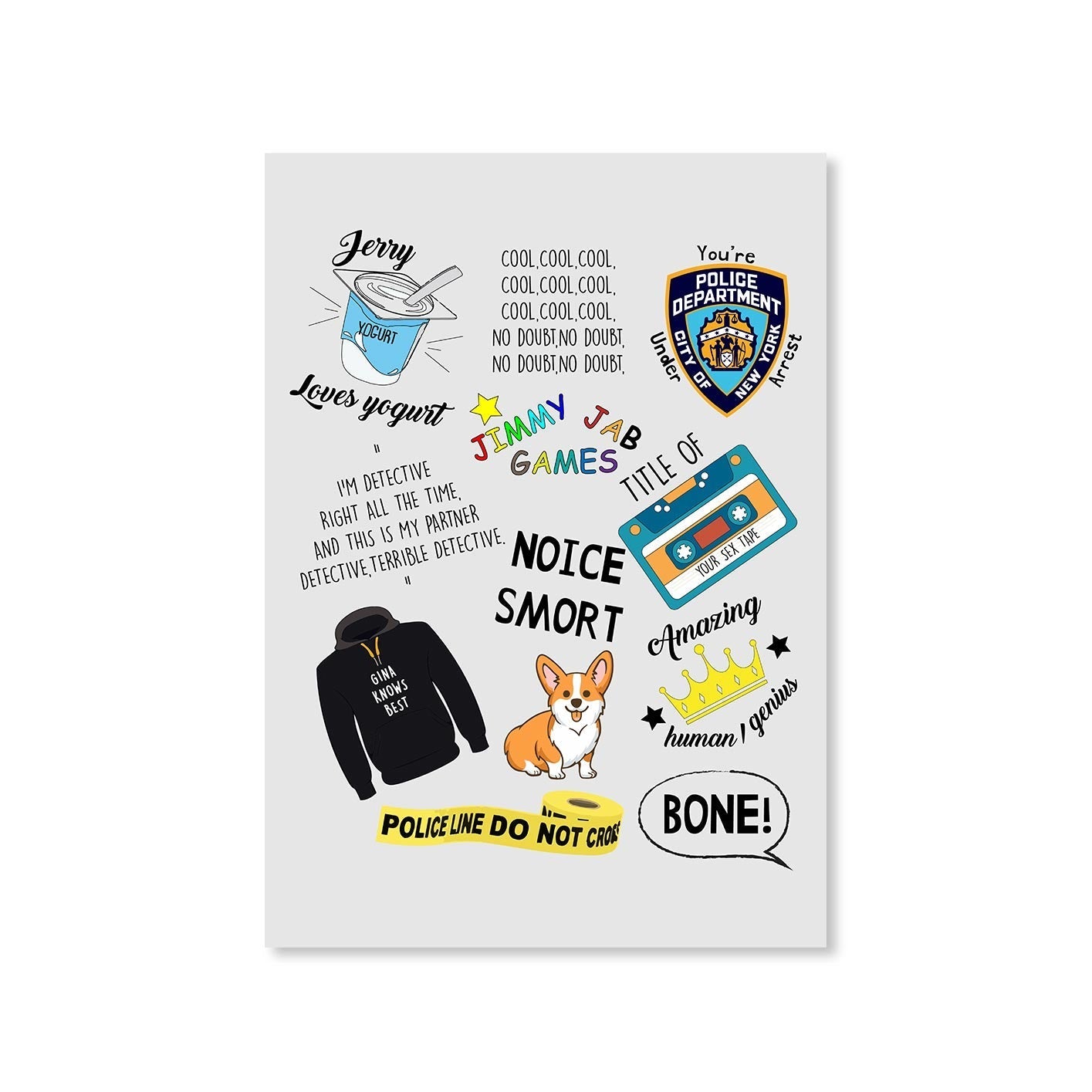 brooklyn nine-nine nine-nine doodle poster wall art buy online united states of america usa the banyan tee tbt a4 detective jake peralta terry charles boyle gina linetti andy samberg merchandise clothing acceessories