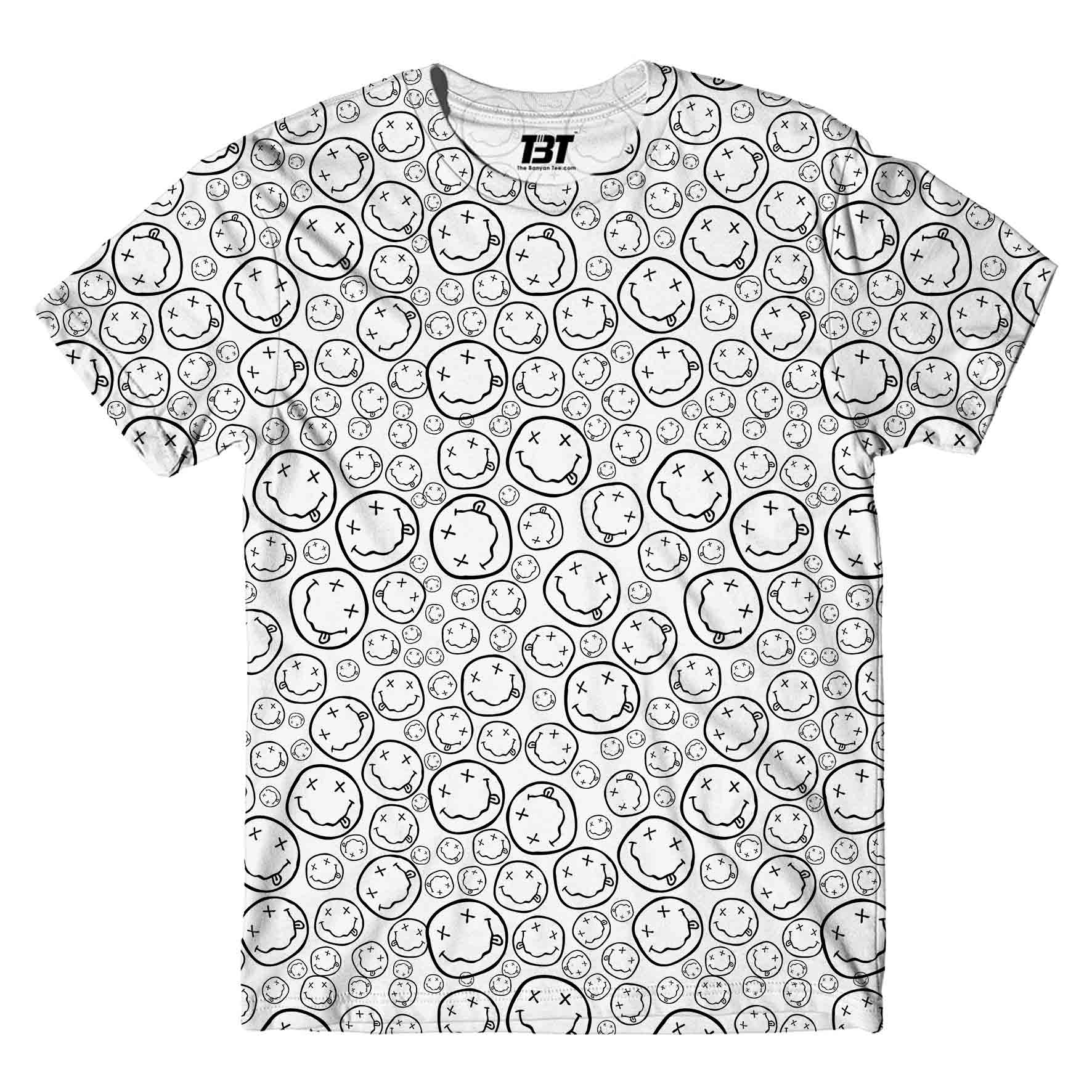 nirvana aop t-shirt - smiley all over printed pattern aop t-shirt music band buy online united states of america usa the banyan tee tbt men women girls boys unisex black