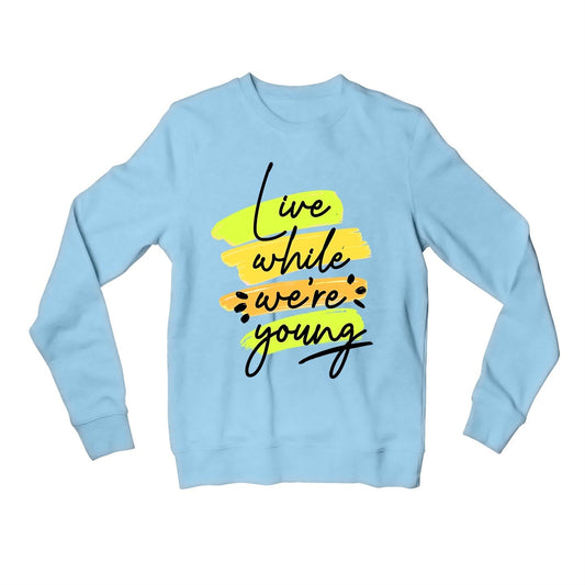 one direction live while we're young sweatshirt upper winterwear music band buy online united states of america usa the banyan tee tbt men women girls boys unisex baby blue