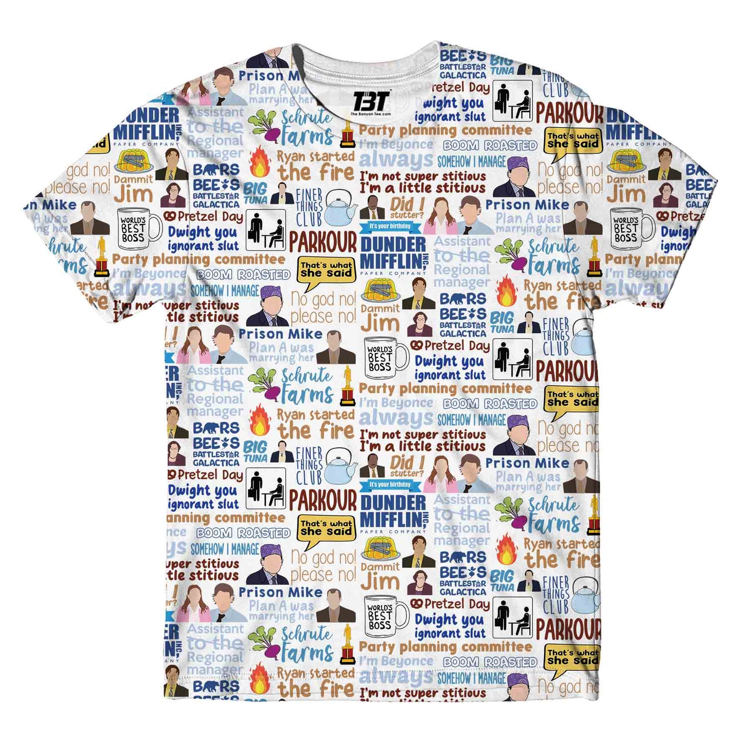 the office aop t-shirt all over printed pattern aop t-shirt tv show netflix buy online united states of america usa the banyan tee tbt men women girls boys unisex black